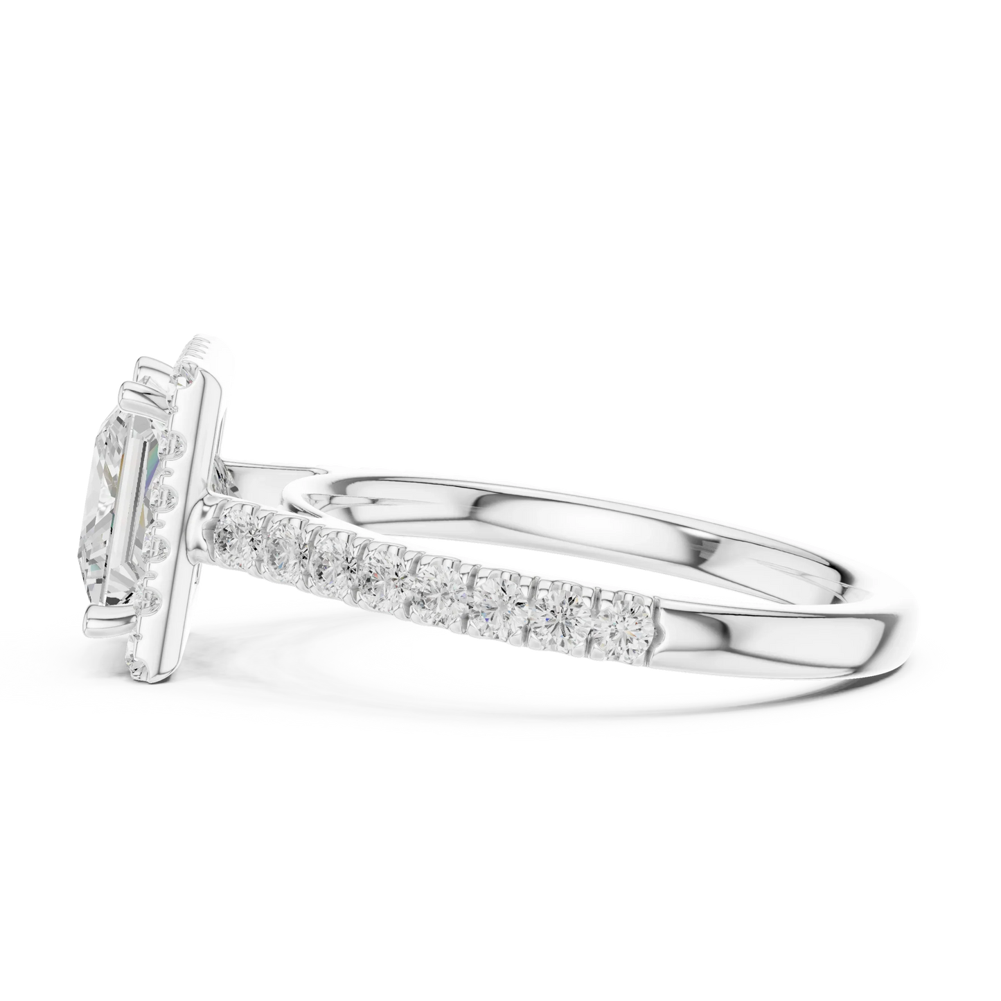 Side view of white gold princess cut diamond ring with brilliant halo setting showing elevated center stone and band profile