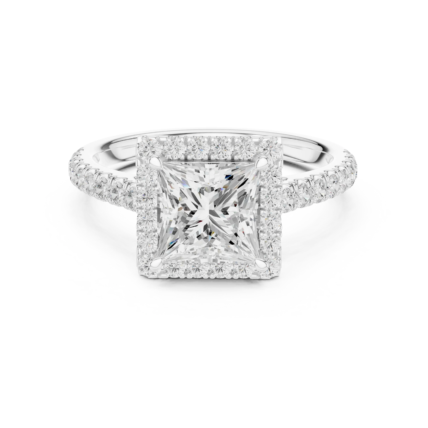 White gold brilliant halo princess cut diamond ring with lab-grown center stone surrounded by halo diamonds, modern geometric elegance