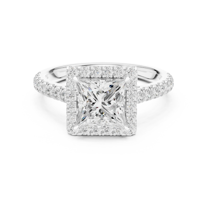 White gold brilliant halo princess cut diamond ring with lab-grown center stone surrounded by halo diamonds, modern geometric elegance