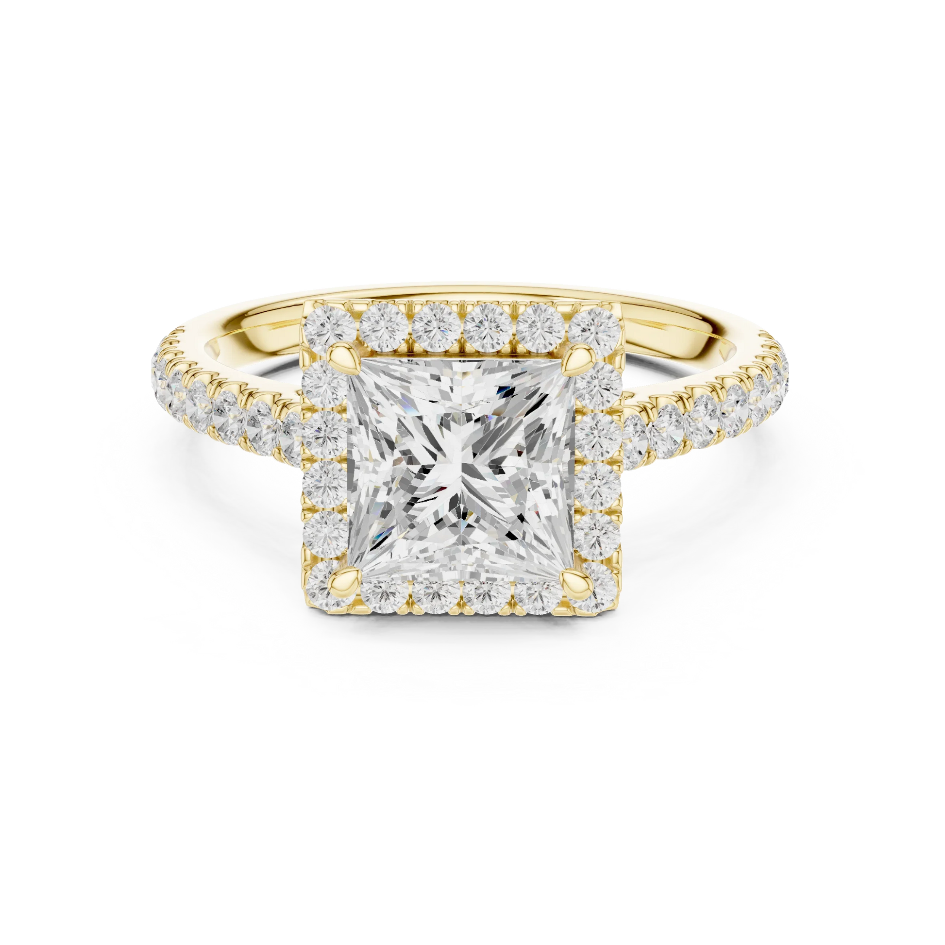 Yellow gold brilliant halo princess cut diamond ring with lab-grown center stone encircled by halo diamonds, classic bold style