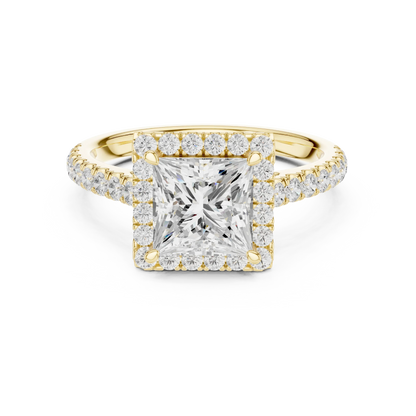 Yellow gold brilliant halo princess cut diamond ring with lab-grown center stone encircled by halo diamonds, classic bold style