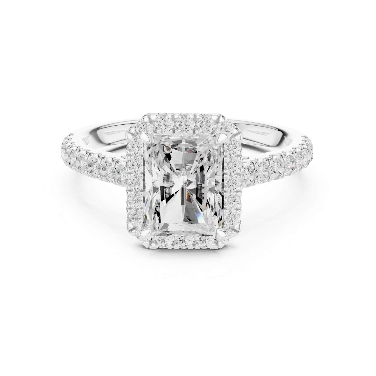 White gold brilliant halo radiant cut diamond ring with lab-grown center stone surrounded by sparkling halo diamonds, modern elegant design