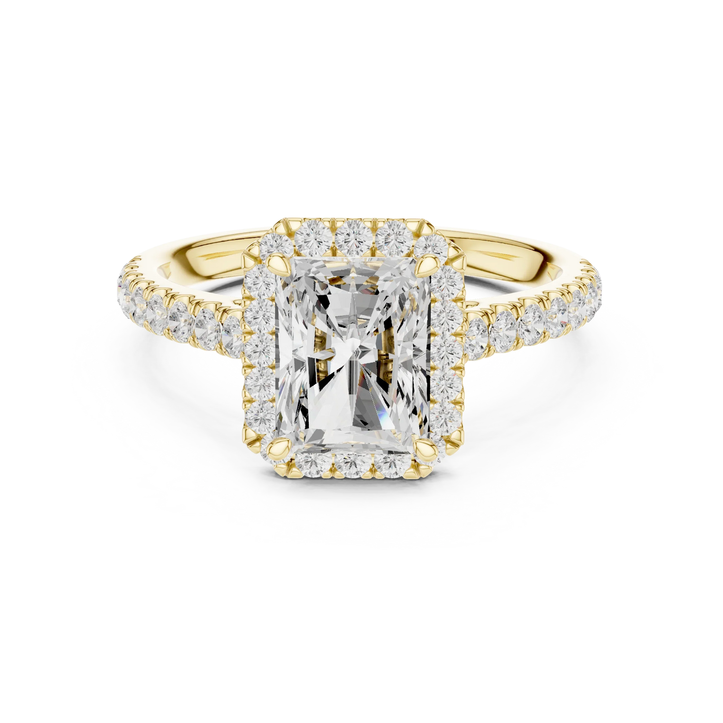 Yellow gold brilliant halo radiant cut diamond ring with lab-grown center stone encircled by halo diamonds, classic luxurious style