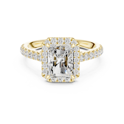 Yellow gold brilliant halo radiant cut diamond ring with lab-grown center stone encircled by halo diamonds, classic luxurious style