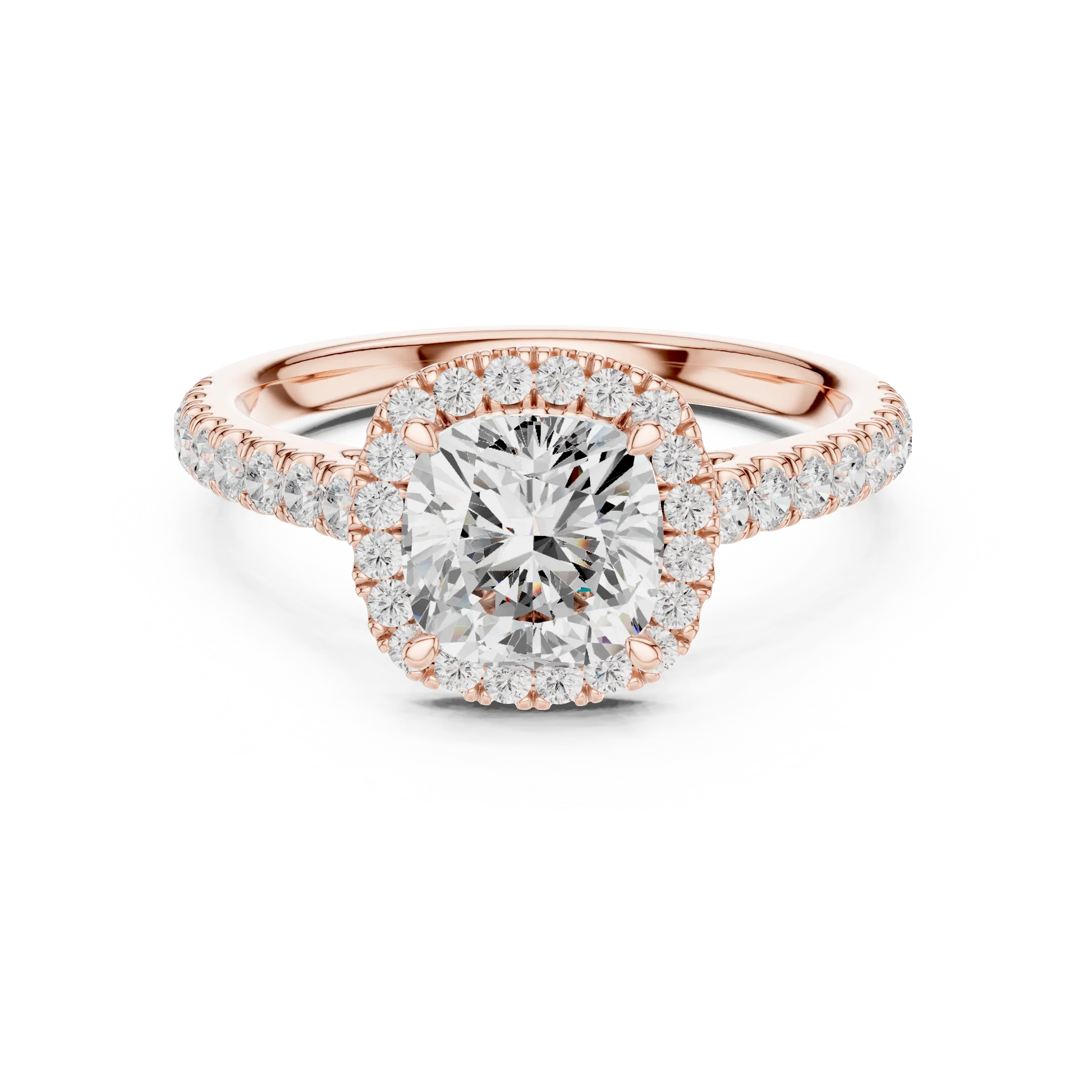 Front view of rose gold classic halo cushion cut diamond ring with lab-grown center stone surrounded by halo diamonds, romantic modern look