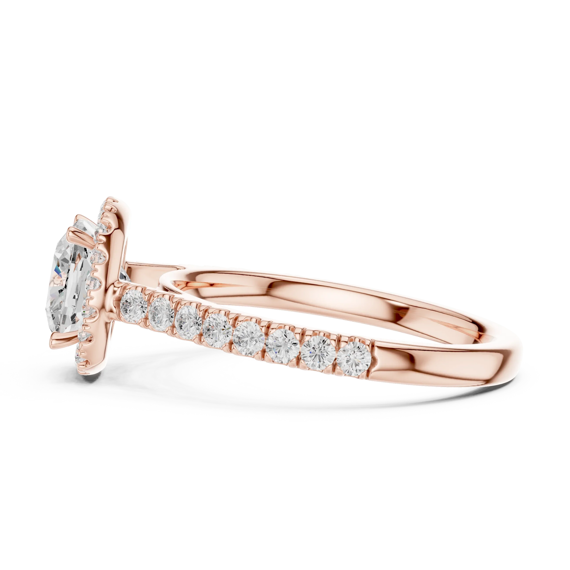 Side view of rose gold cushion cut diamond ring with classic halo setting showcasing elegant band and elevated center stone