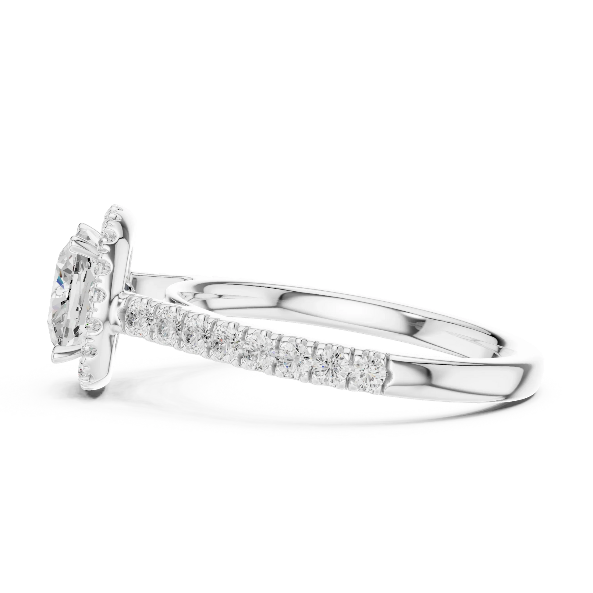 Side view of white gold cushion cut diamond ring with classic halo setting showing elevated center stone and refined band profile