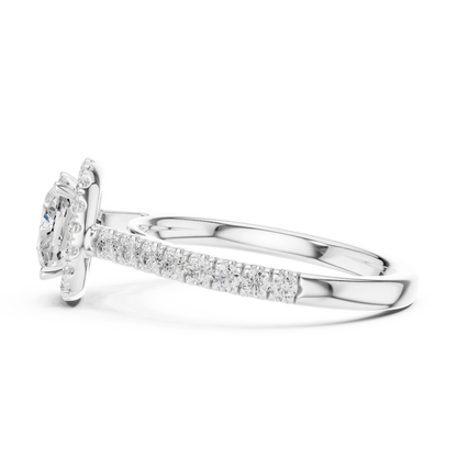 Side view of white gold cushion cut diamond ring with classic halo setting showing elevated center stone and refined band profile
