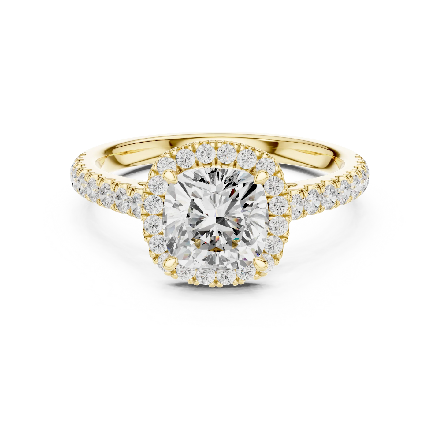 Front view of yellow gold classic halo cushion cut diamond ring with lab-grown center stone encircled by halo diamonds, timeless style