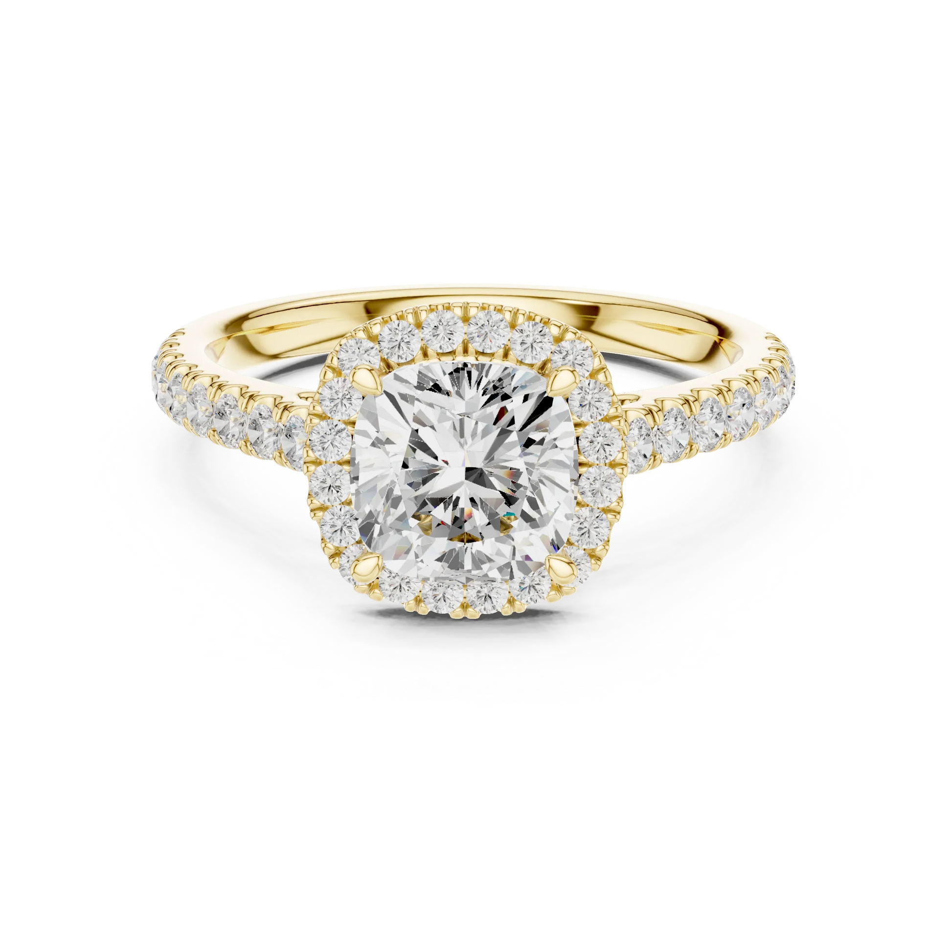 Front view of yellow gold classic halo cushion cut diamond ring with lab-grown center stone encircled by halo diamonds, timeless style
