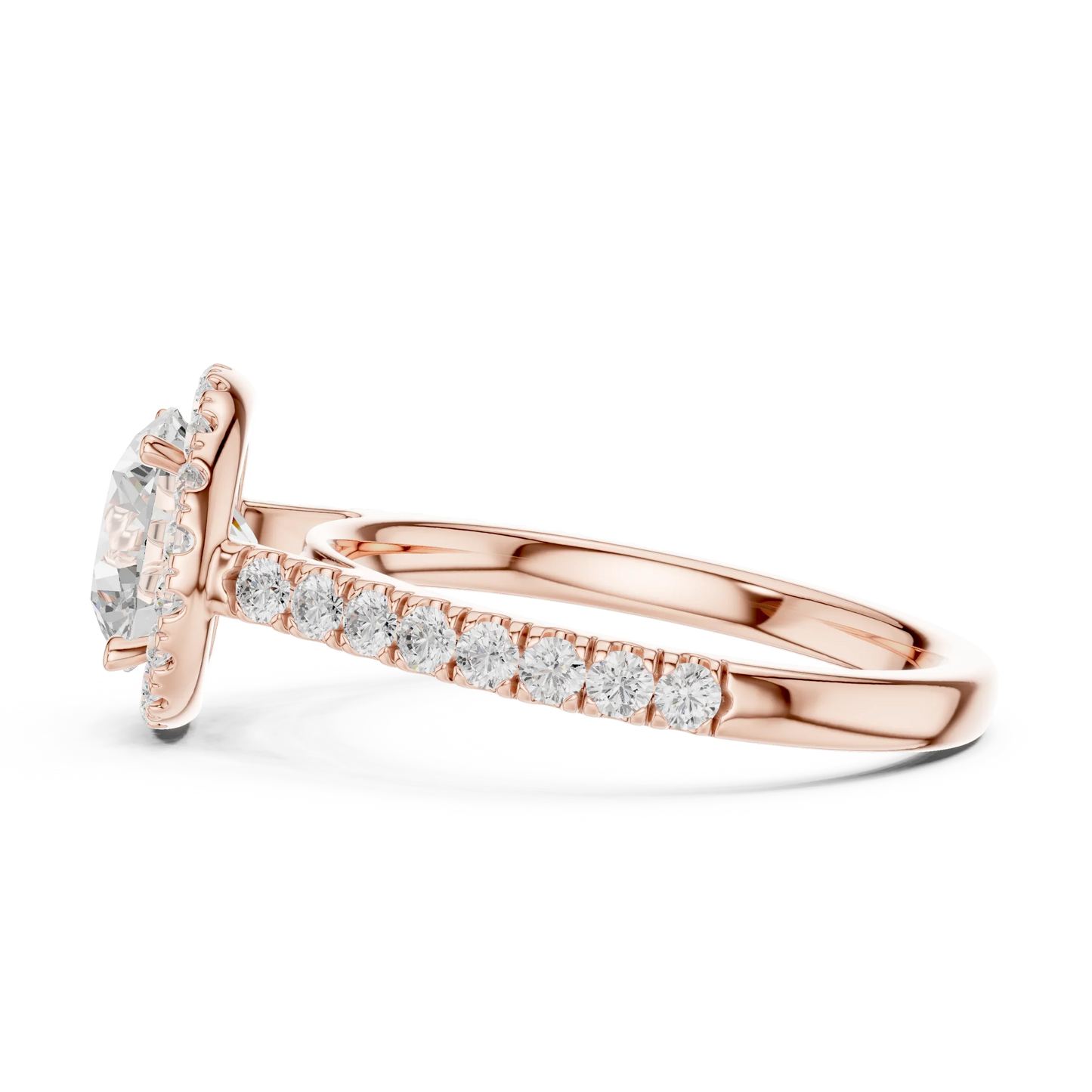 Side view of rose gold classic halo round diamond ring showing halo detail and elegant band profile