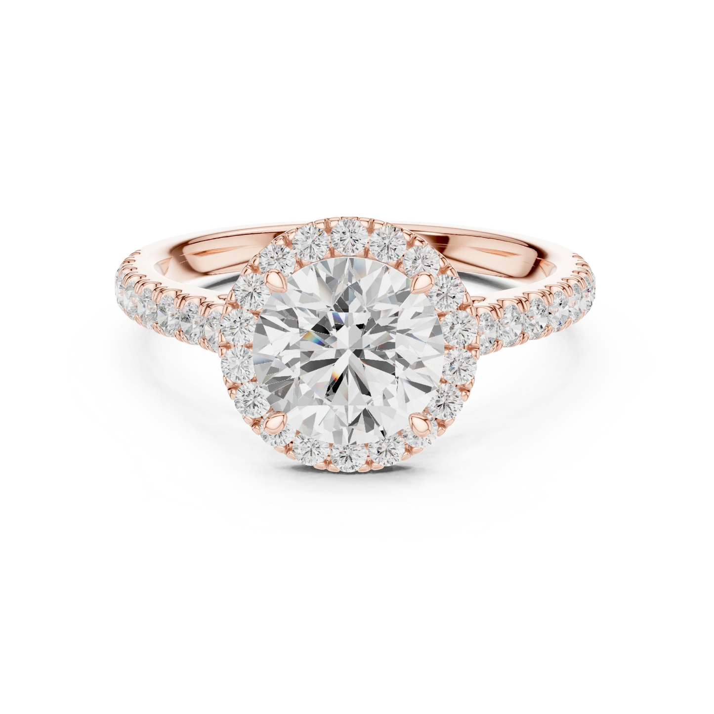 Rose gold classic halo round diamond ring with lab-grown center stone surrounded by halo diamonds, romantic modern look