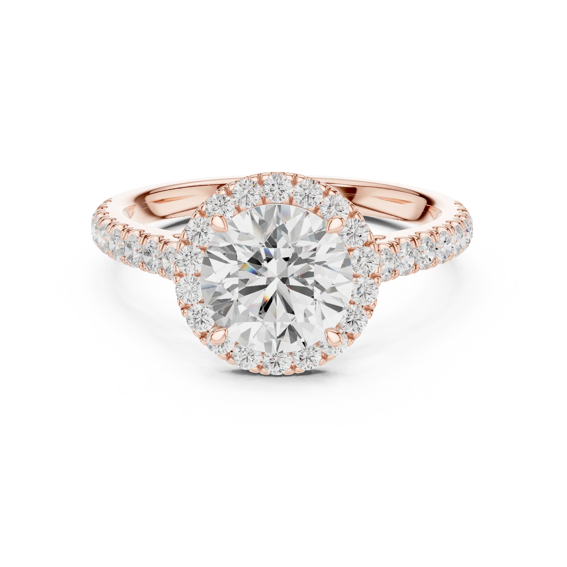 Rose gold classic halo round diamond ring with lab-grown center stone surrounded by halo diamonds, romantic modern look
