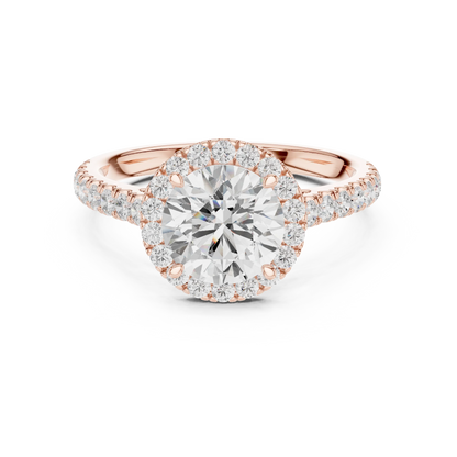 Rose gold classic halo round diamond ring with lab-grown center stone surrounded by halo diamonds, romantic modern look