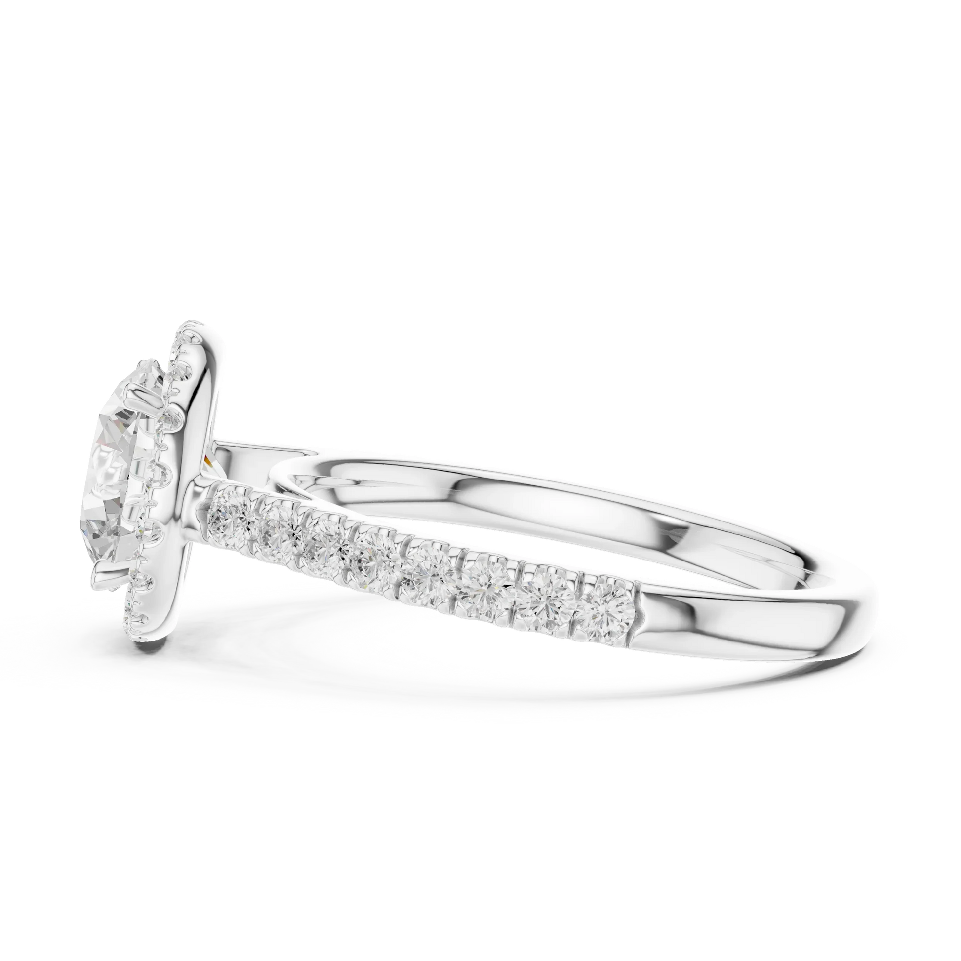 Side view of white gold classic halo round diamond ring showing halo setting and elevated center stone profile