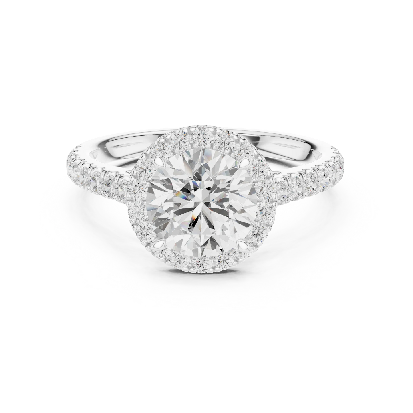 White gold classic halo round diamond ring with lab-grown center stone surrounded by halo diamonds, timeless elegant design