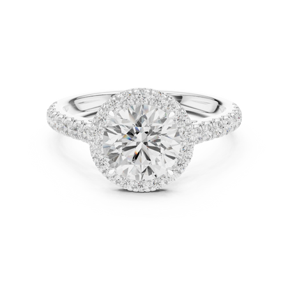 White gold classic halo round diamond ring with lab-grown center stone surrounded by halo diamonds, timeless elegant design