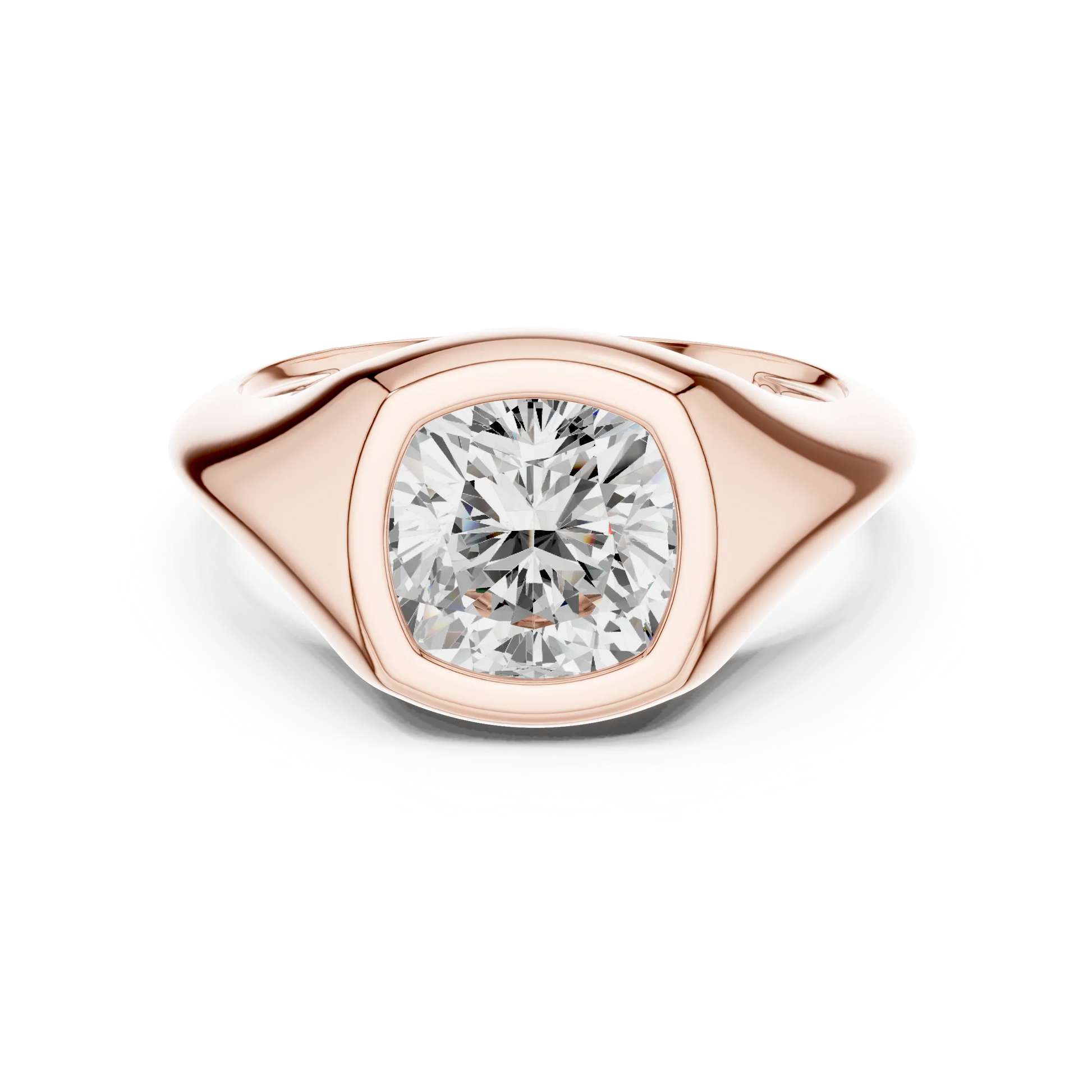 Lab-grown cushion cut bezel set signet style ring in rose gold, soft tone top view.