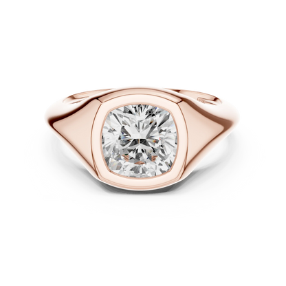 Lab-grown cushion cut bezel set signet style ring in rose gold, soft tone top view.