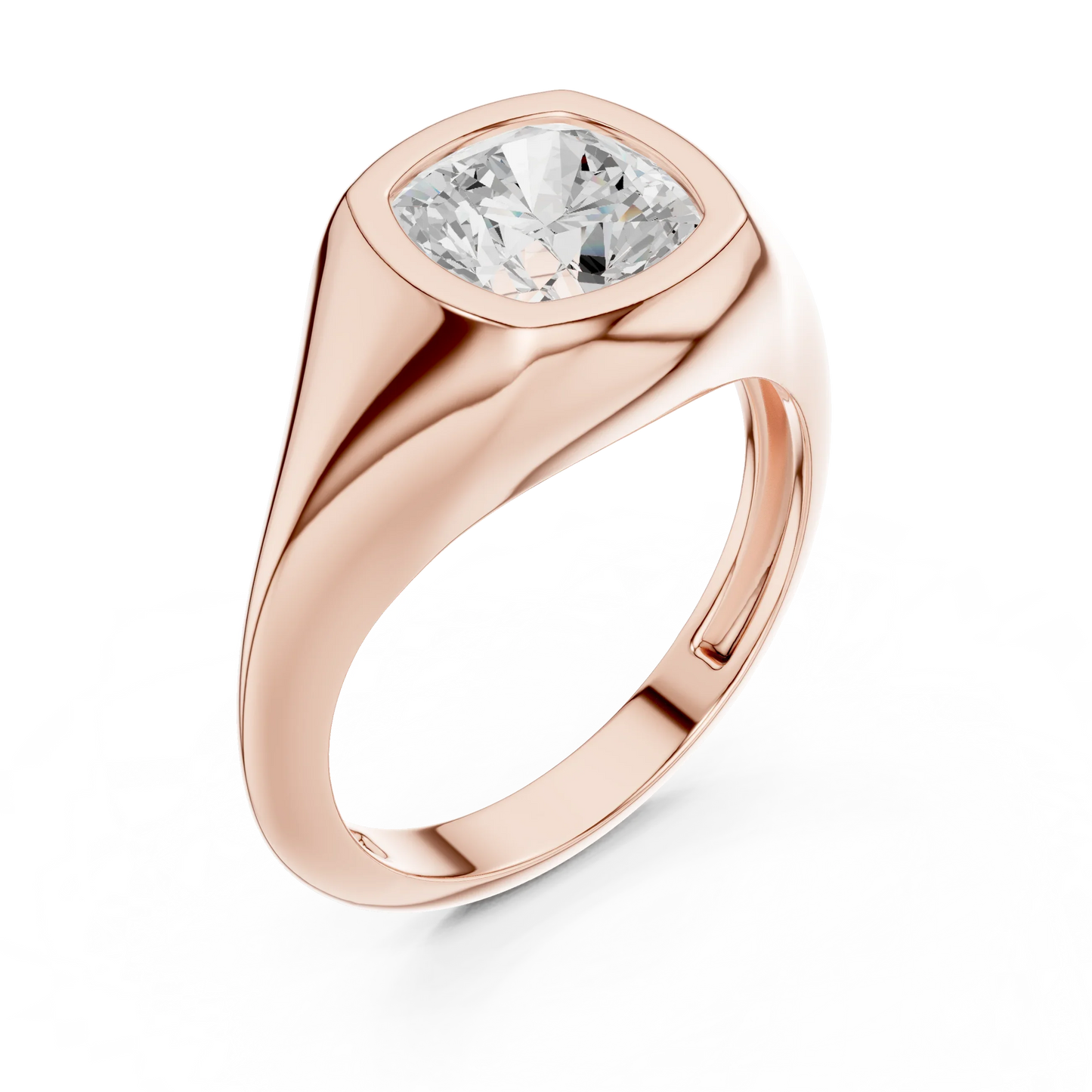 Front view of rose gold cushion cut bezel set signet style ring, showcasing gemstone brilliance.