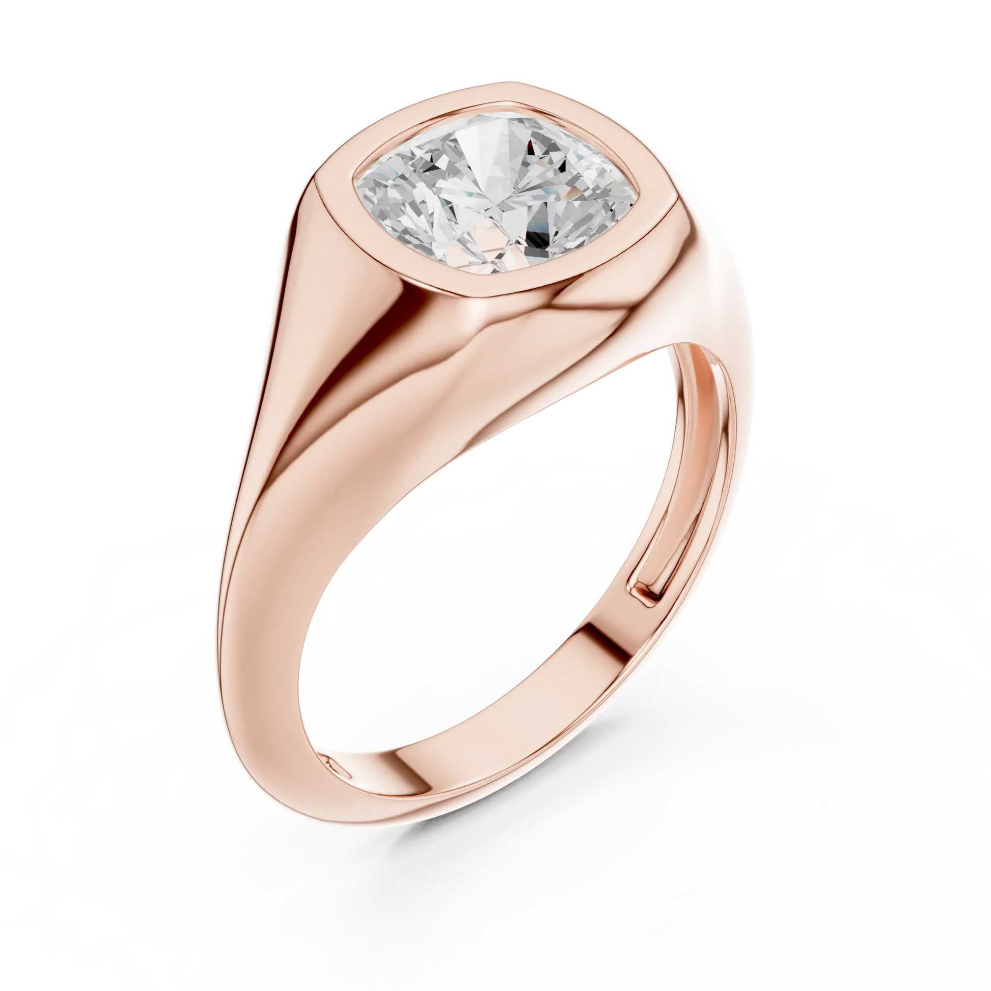 Front view of rose gold cushion cut bezel set signet style ring, showcasing gemstone brilliance.