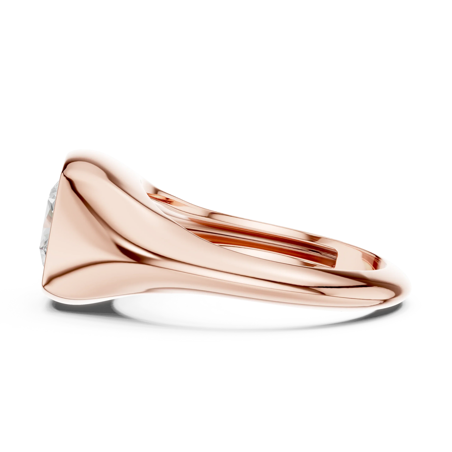 Side view of rose gold cushion cut bezel set signet style ring, highlighting overall design profile.