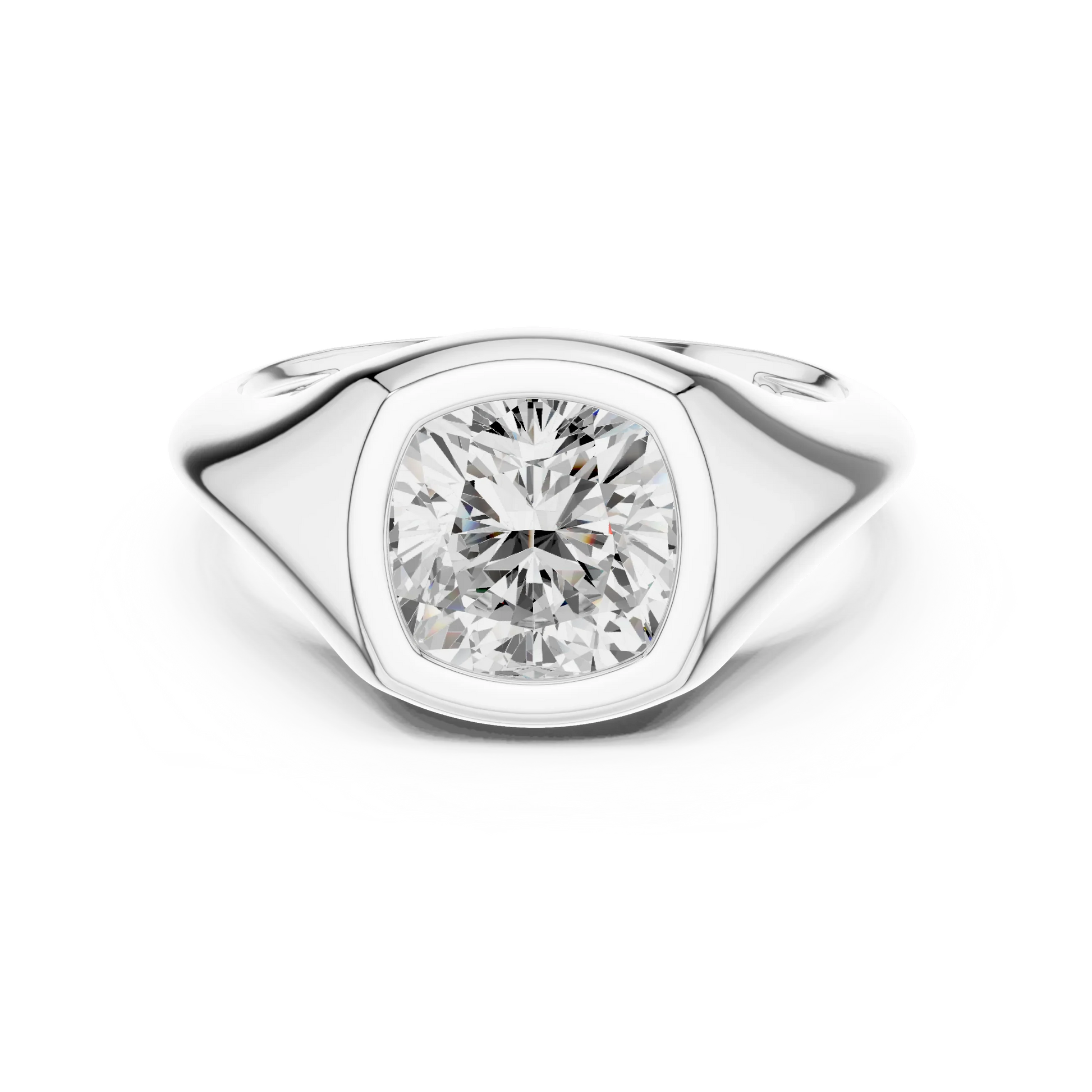 Lab-grown cushion cut bezel set signet style ring in white gold, elegant top view.