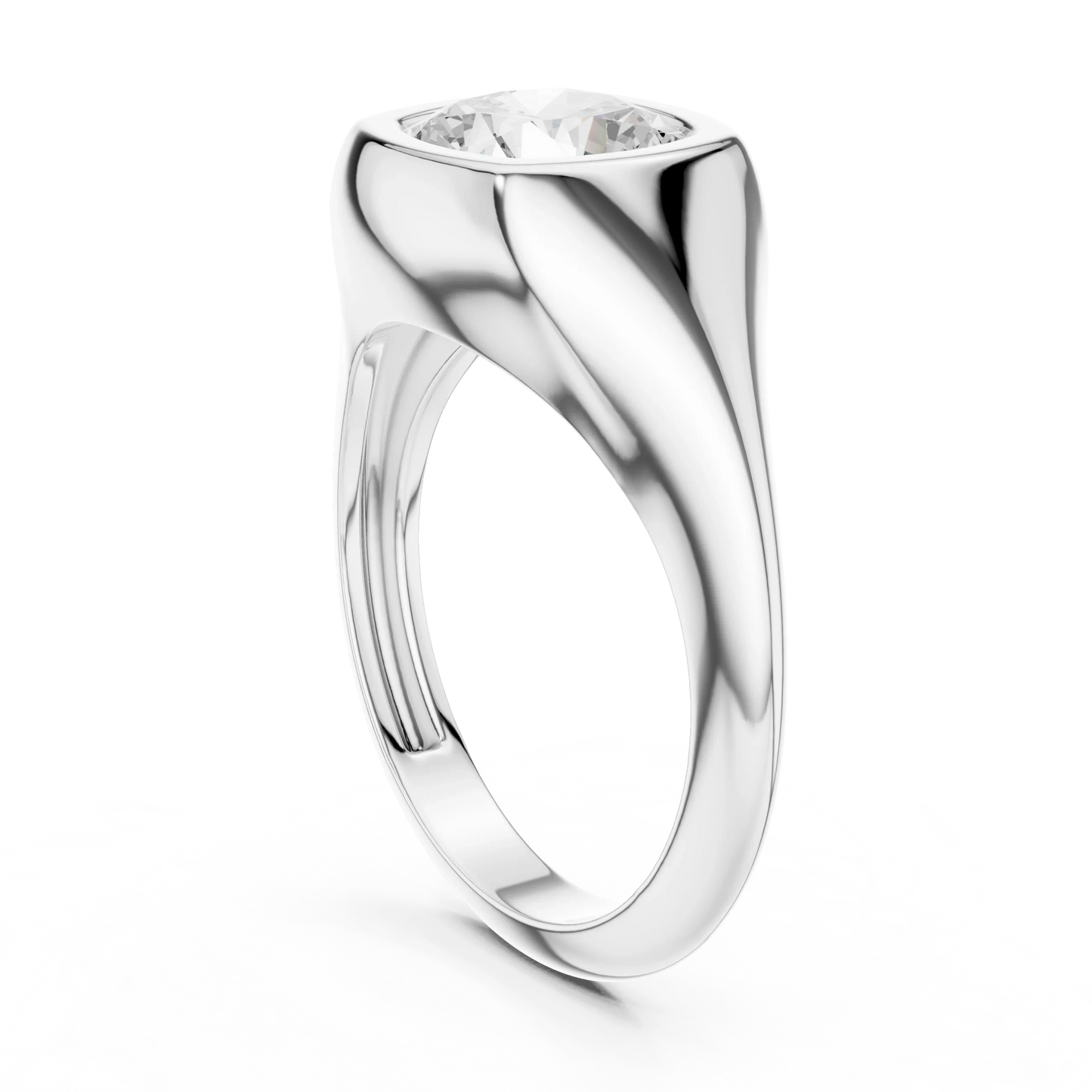 Back side view of white gold cushion bezel set signet style ring, showing band and setting.