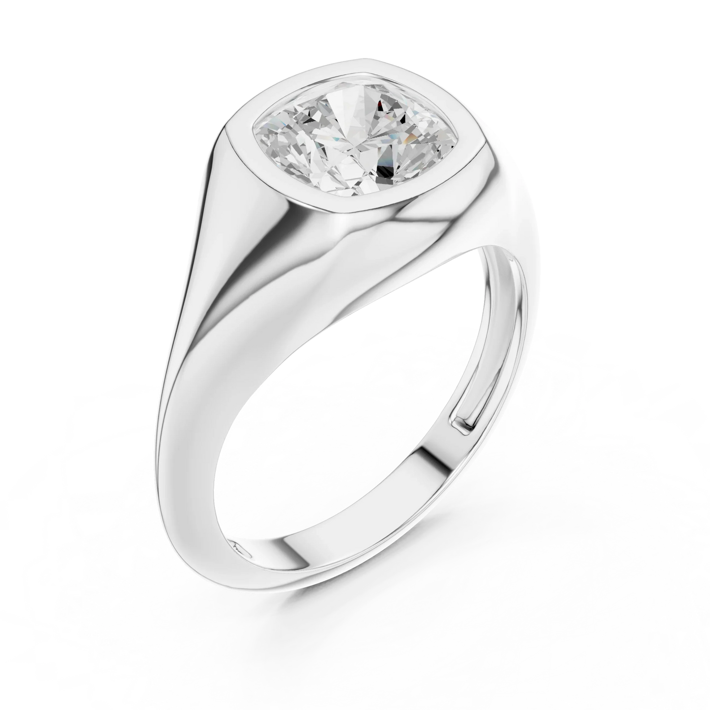 Front view of white gold cushion cut bezel set signet style ring, showcasing center stone.
