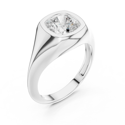 Front view of white gold cushion cut bezel set signet style ring, showcasing center stone.