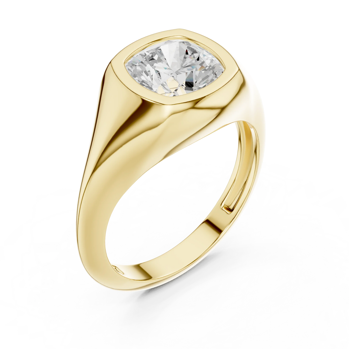 Front view of yellow gold cushion cut bezel set signet style ring, emphasizing brilliance.