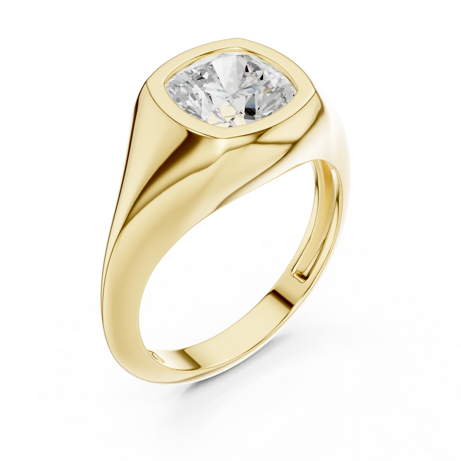 Front view of yellow gold cushion cut bezel set signet style ring, emphasizing brilliance.