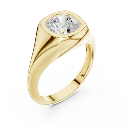 Front view of yellow gold cushion cut bezel set signet style ring, emphasizing brilliance.