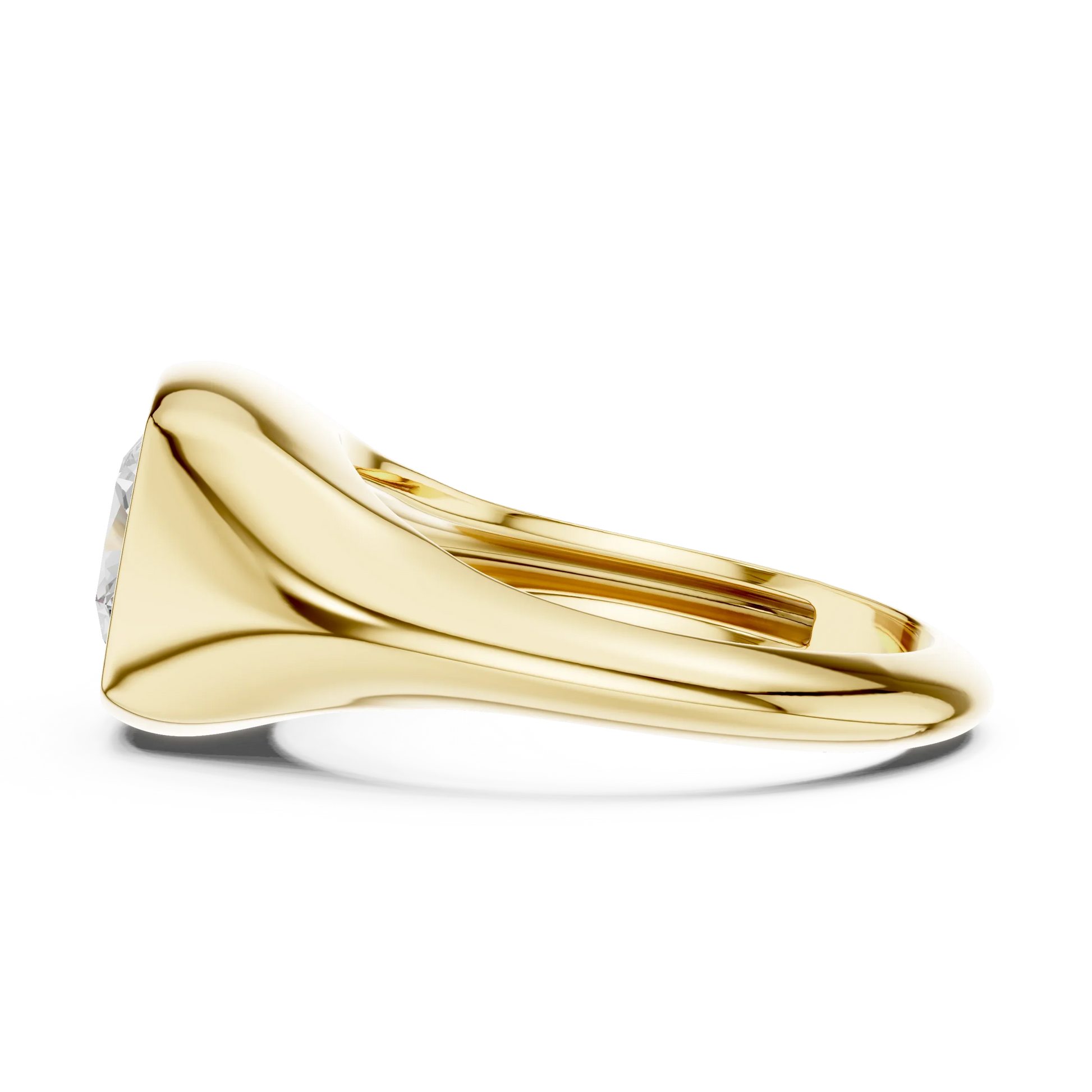 Side view of yellow gold cushion cut bezel set signet style ring, highlighting design profile.