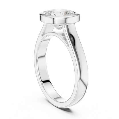 Back side view of white gold cushion bezel solitaire ring with lab-grown diamond – Australia