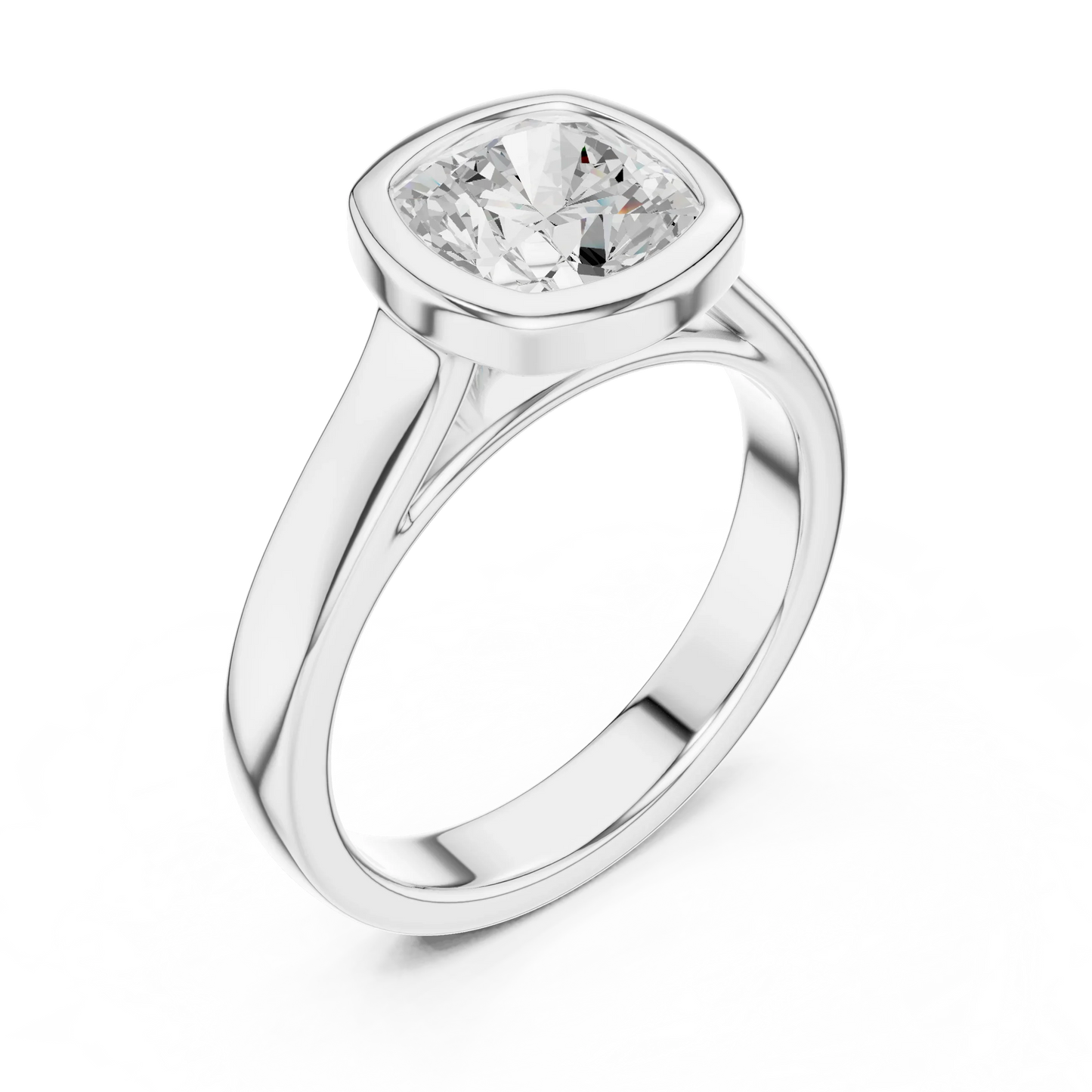 Front view of white gold cushion bezel solitaire ring with lab-grown diamond – Australia