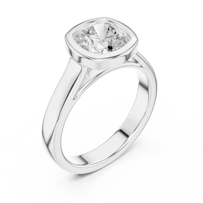 Front view of white gold cushion bezel solitaire ring with lab-grown diamond – Australia
