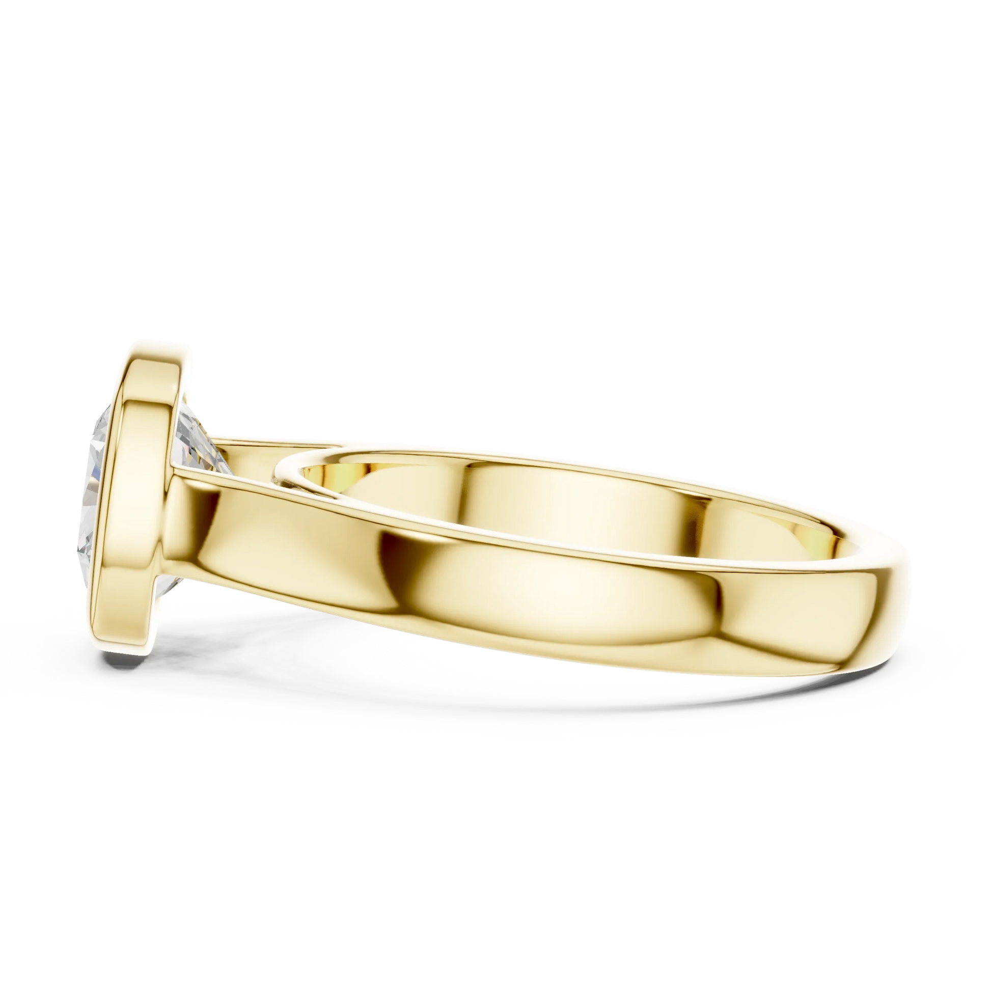 Side view of yellow gold cushion bezel solitaire ring with lab-grown diamond – Australia