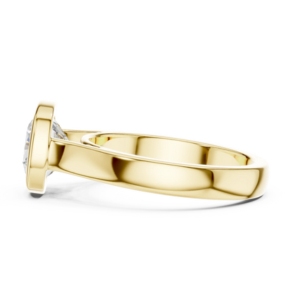 Side view of yellow gold cushion bezel solitaire ring with lab-grown diamond – Australia