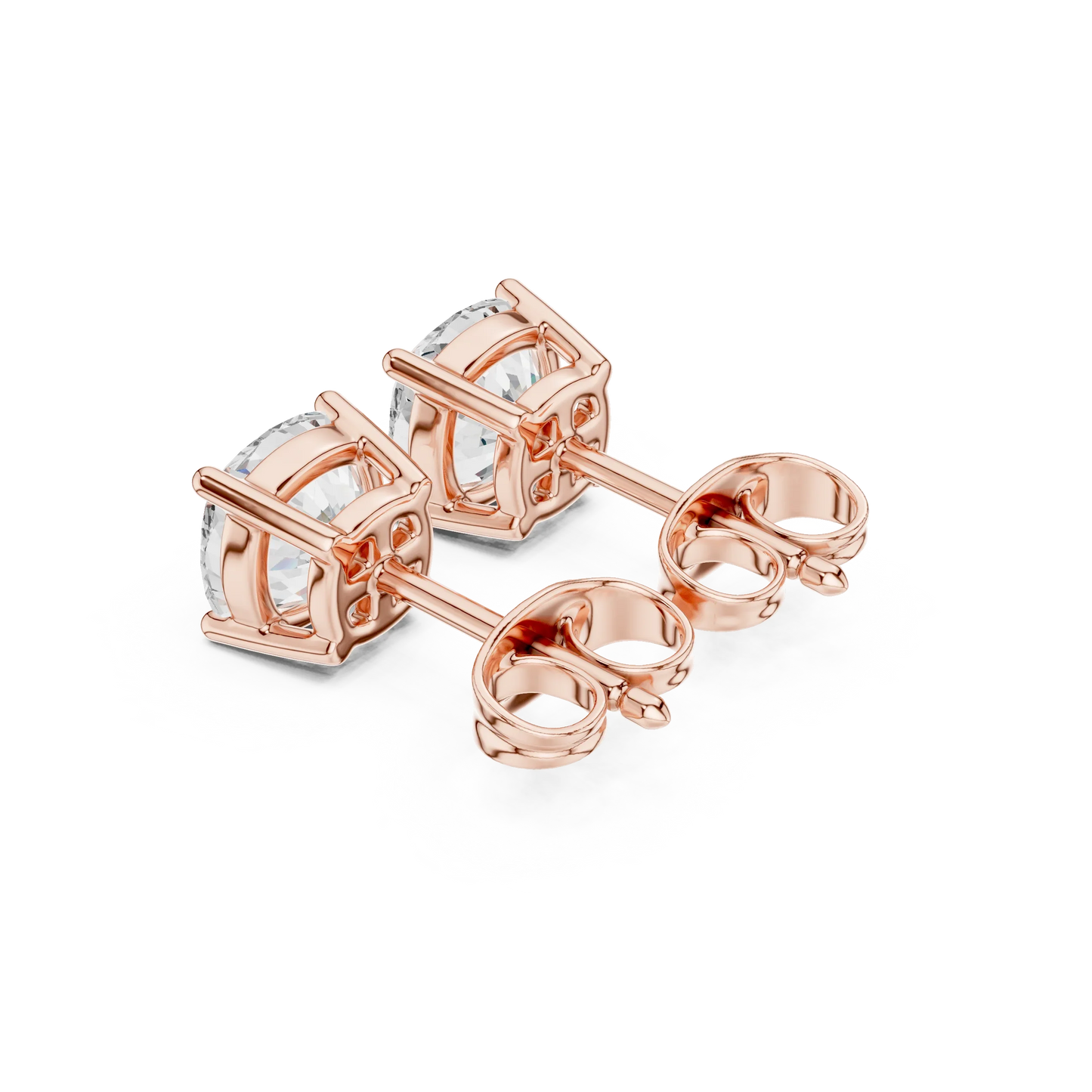 Rose gold earrings with clear gemstones on a white background with back view