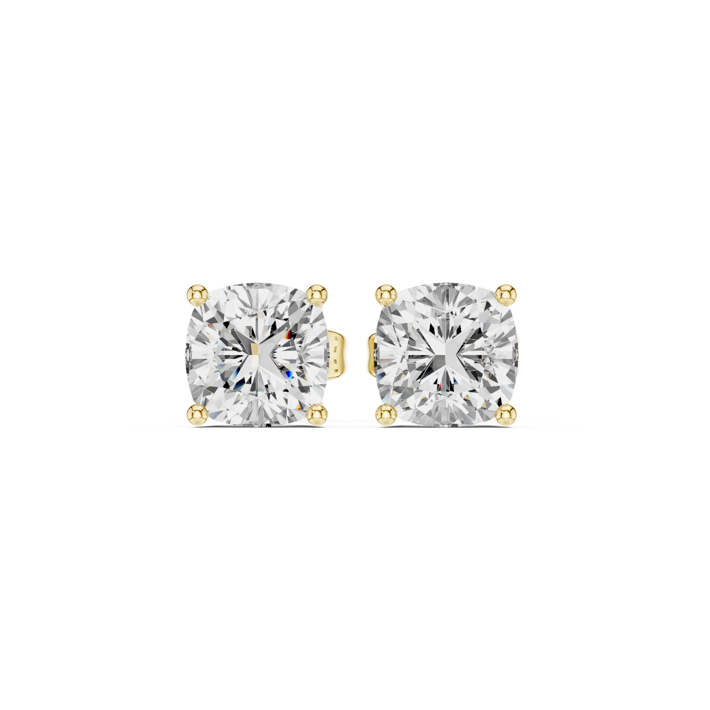 Pair of diamond yellow gold stud earrings on a white background with front view