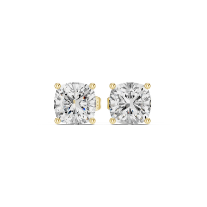 Pair of diamond yellow gold stud earrings on a white background with front view