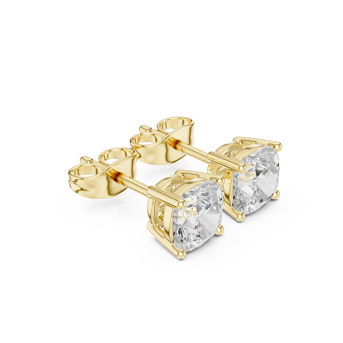 Cushion cut lab grown diamond stud earrings in yellow gold front view by Diamonds for Everyone Australia