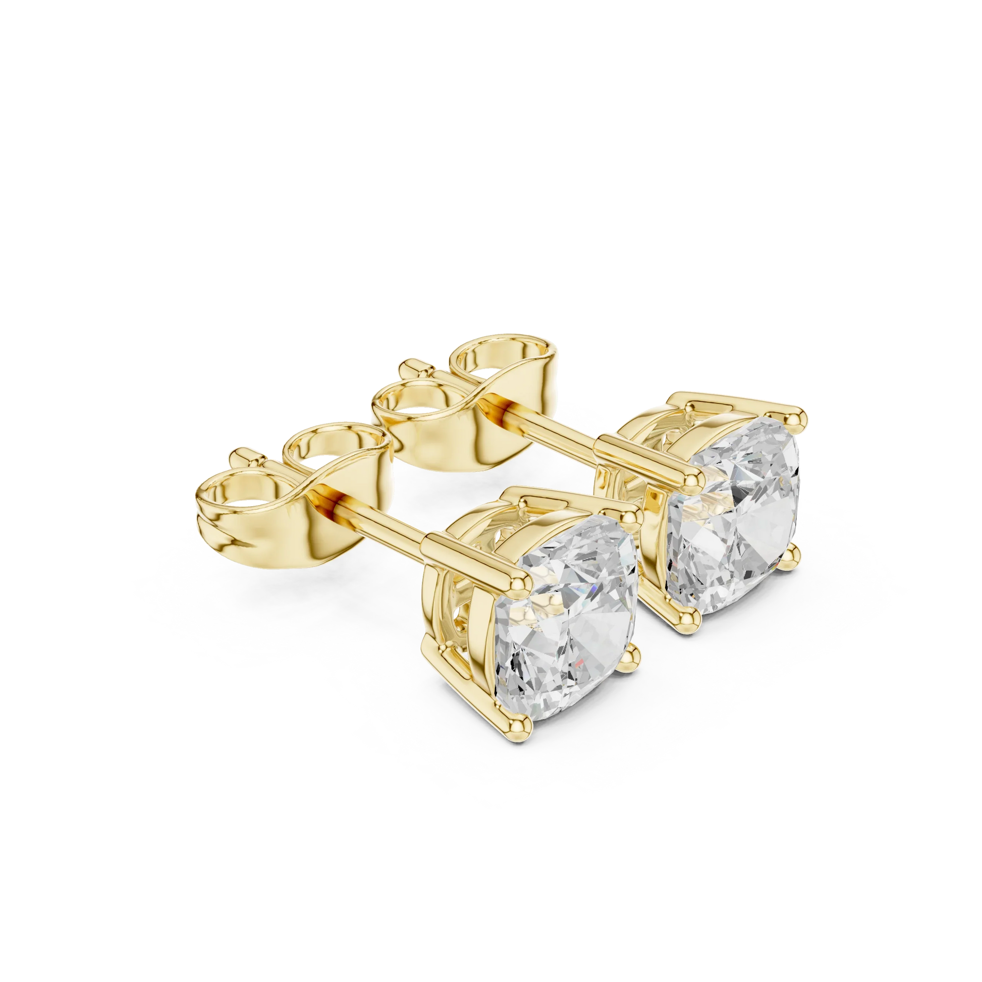 Cushion cut lab grown diamond stud earrings in yellow gold front view by Diamonds for Everyone Australia