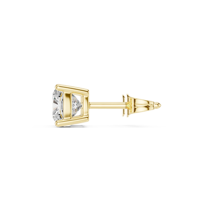 Cushion cut lab grown diamond stud earrings in yellow gold side view by Diamonds for Everyone Australia