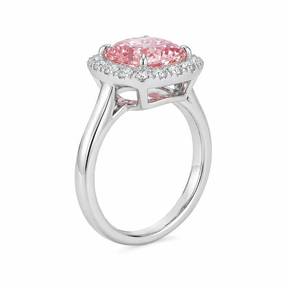 Front side view of cushion cut halo fancy pink diamond micropave engagement ring in white gold with lab-grown diamonds – Australia