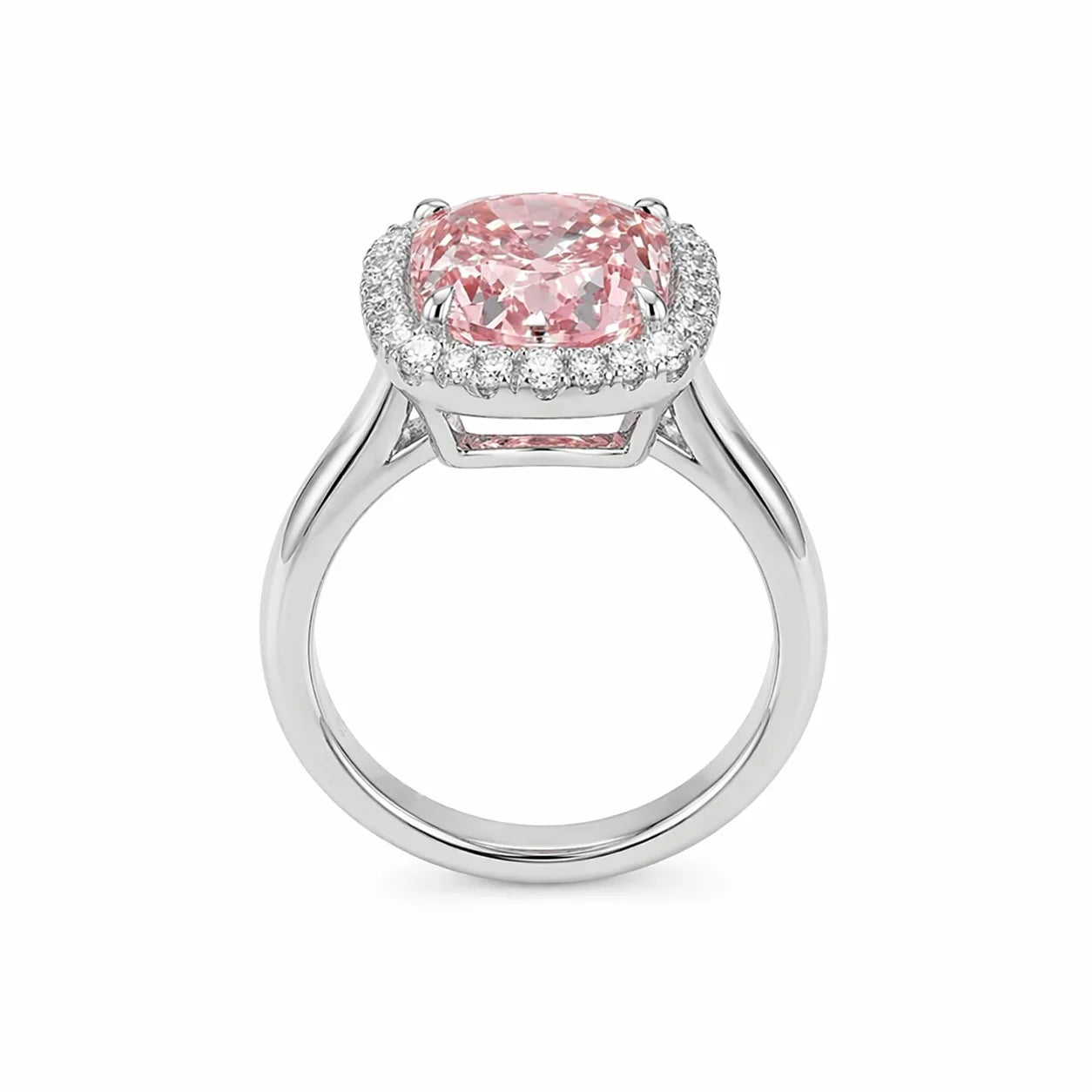 Front view of cushion cut halo fancy pink diamond micropave engagement ring in white gold with lab-grown diamonds – Australia