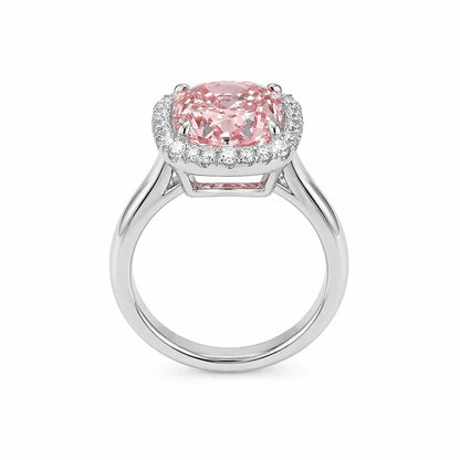 Front view of cushion cut halo fancy pink diamond micropave engagement ring in white gold with lab-grown diamonds – Australia