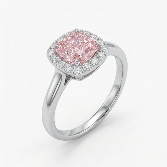Side view of cushion cut halo fancy pink diamond micropave engagement ring in white gold with lab-grown diamonds – Australia