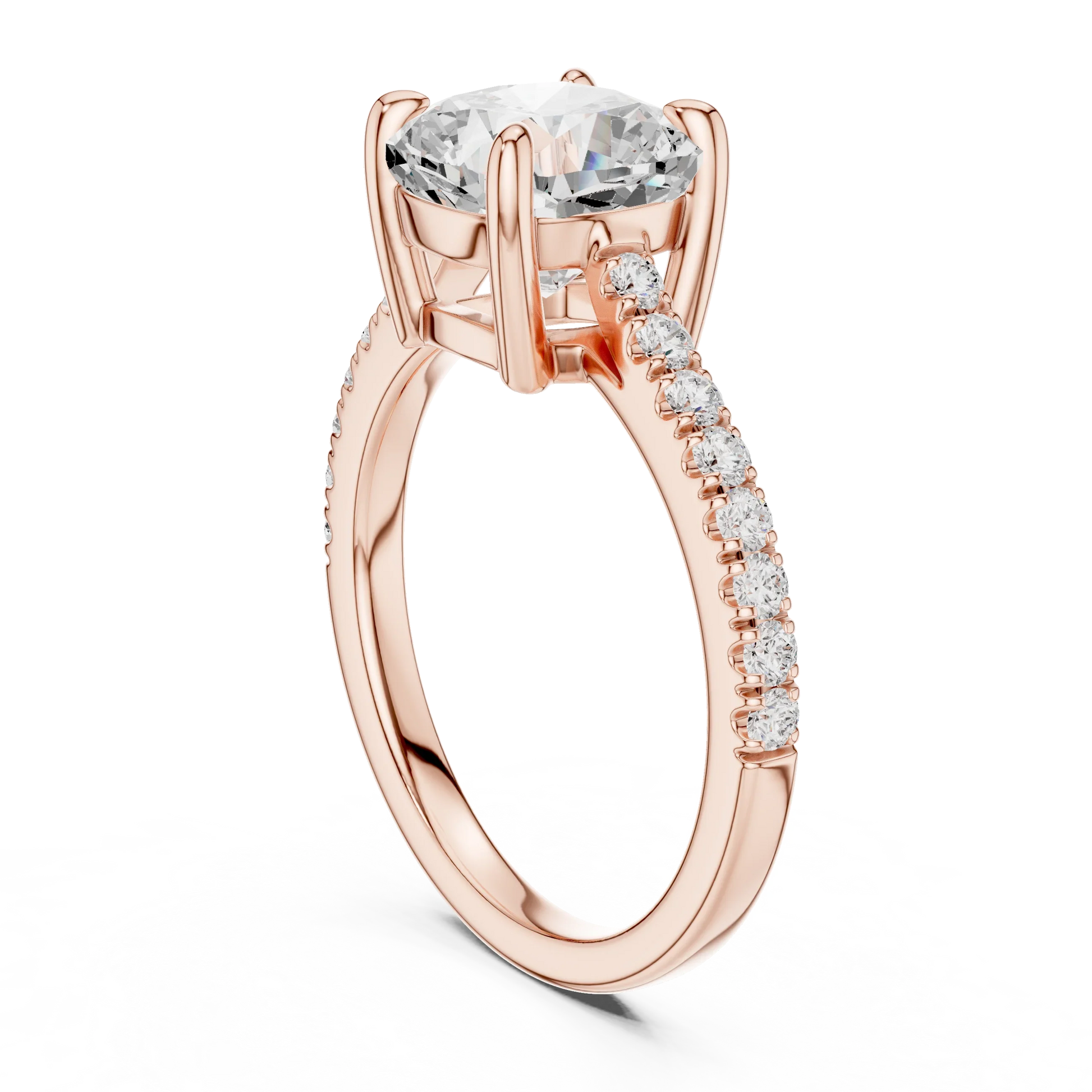 Back side view of rose gold cushion diamond pavé band ring showing band and setting details